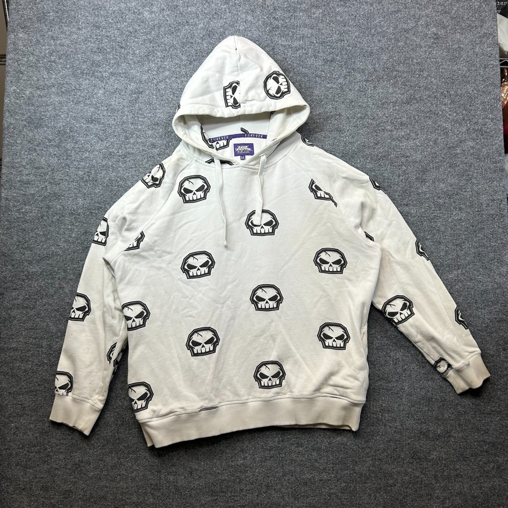 No Fear Forever Skull Print Hoodie Men's White Hip Hop Music Pullover Y2K - XL